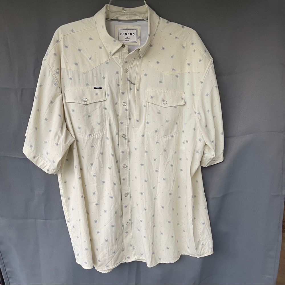 Poncho The Llano Mens XL Western Pearl Snap Button Up Floral Print Off White